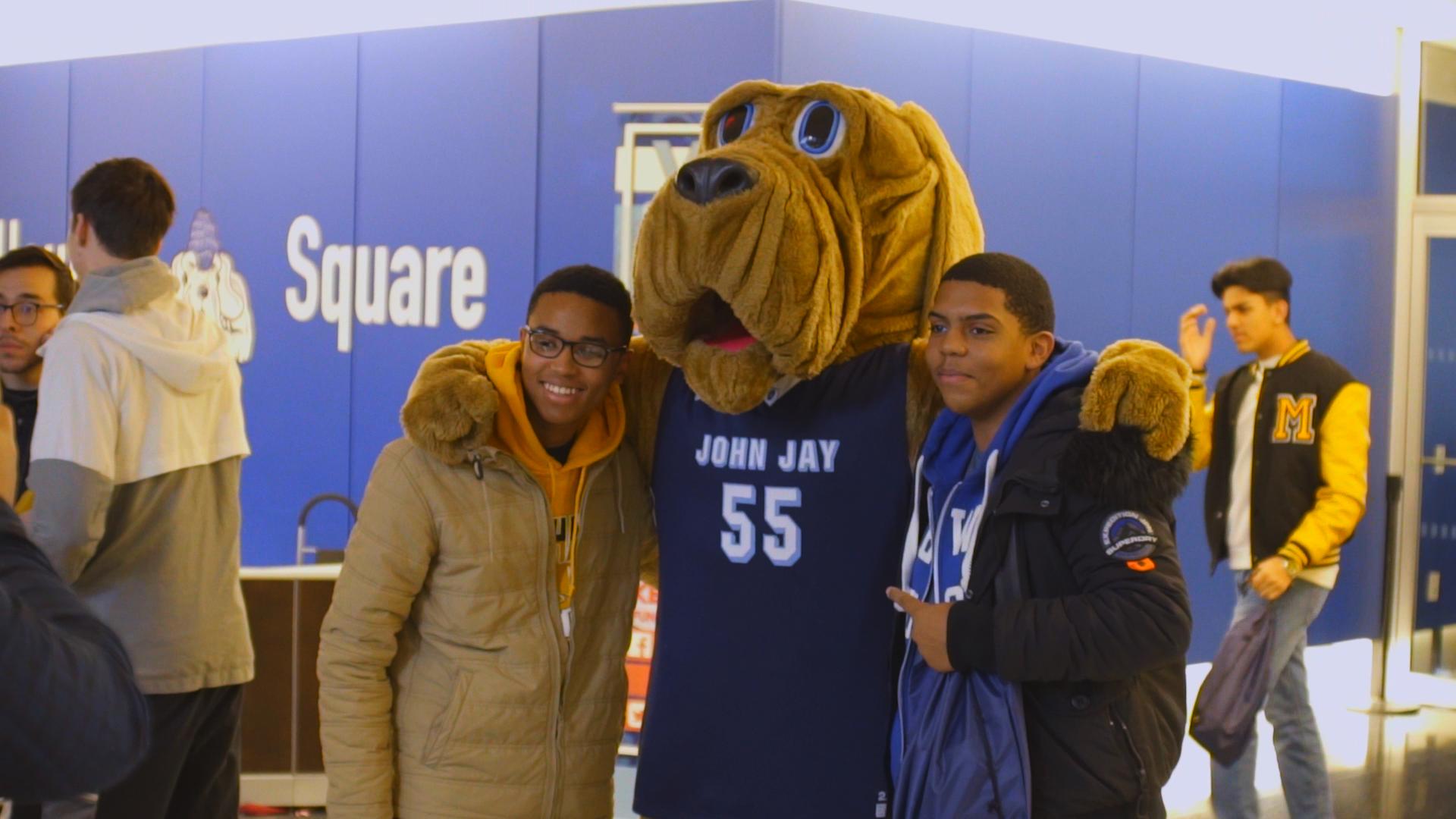 Students with school mascot, Midtown Bloodhound