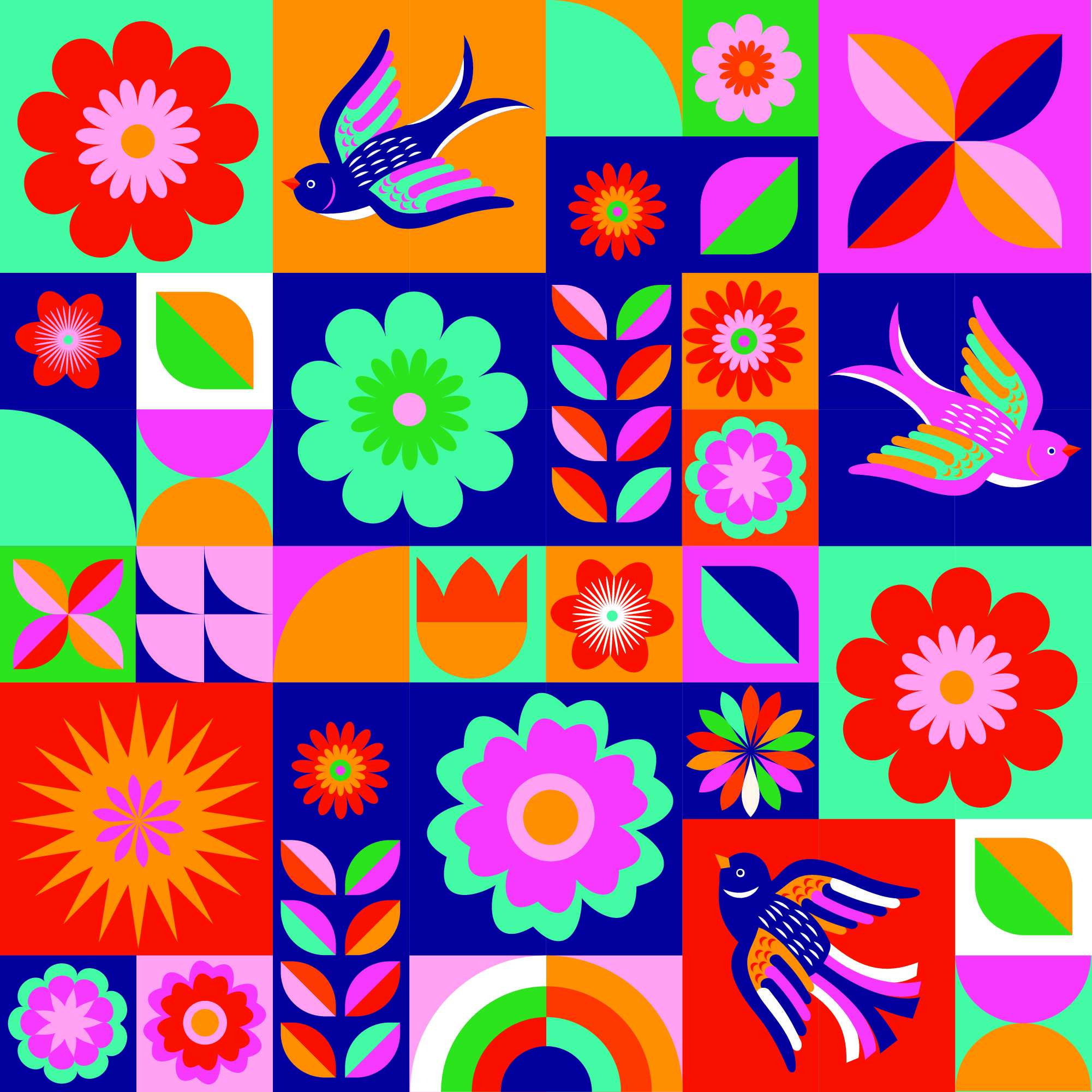 Abstract image with birds, flowers and plants