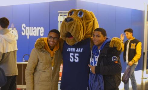 Students with school mascot, Midtown Bloodhound